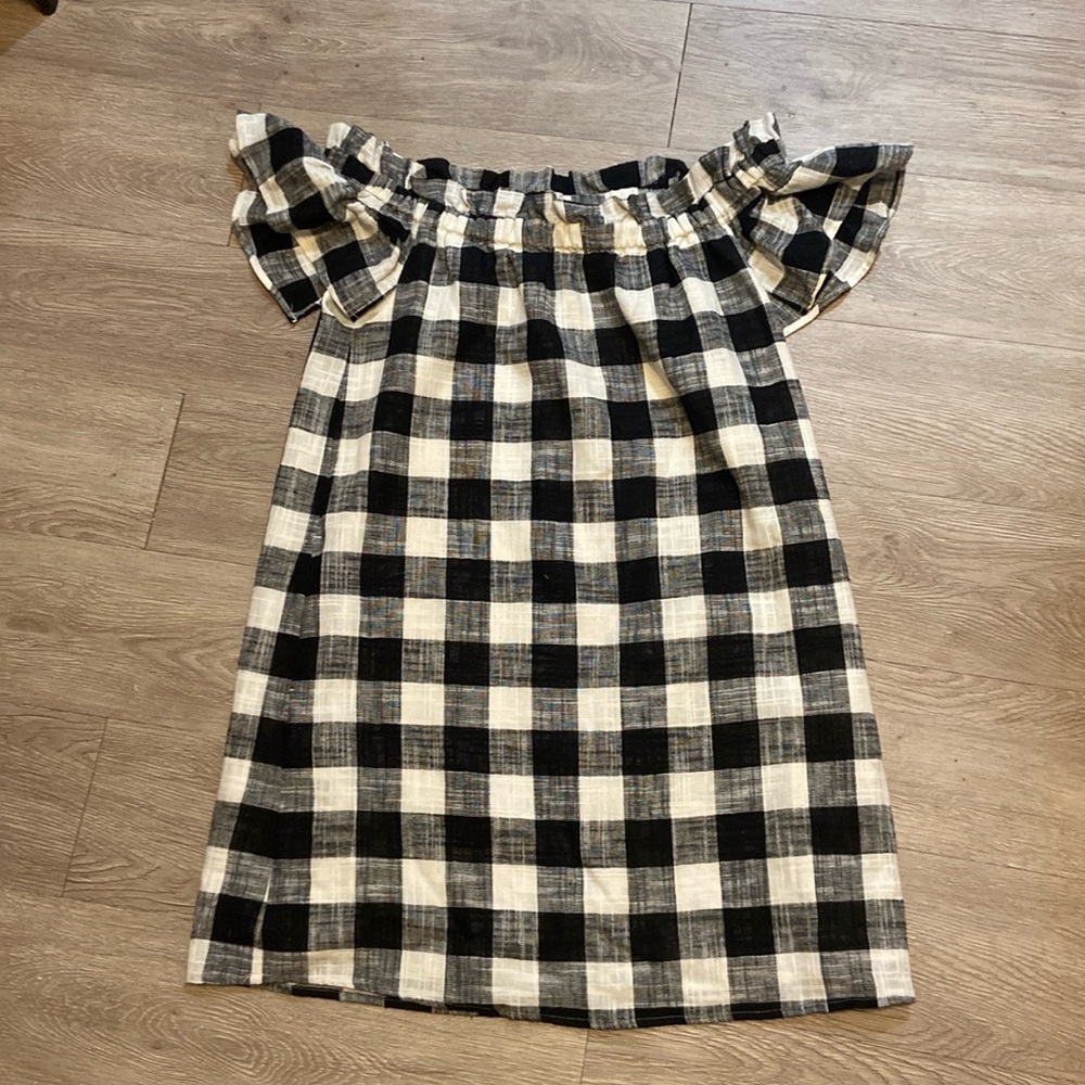 Black and White Gingham Off the Shoulder Dress